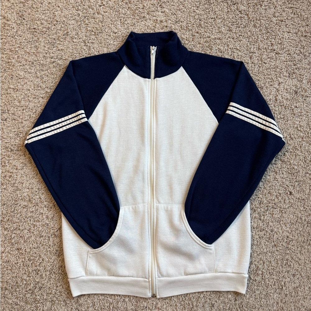 Vintage 80’s Warm Up White and Dark Navy Blue Full Zipper Sweater Size Large